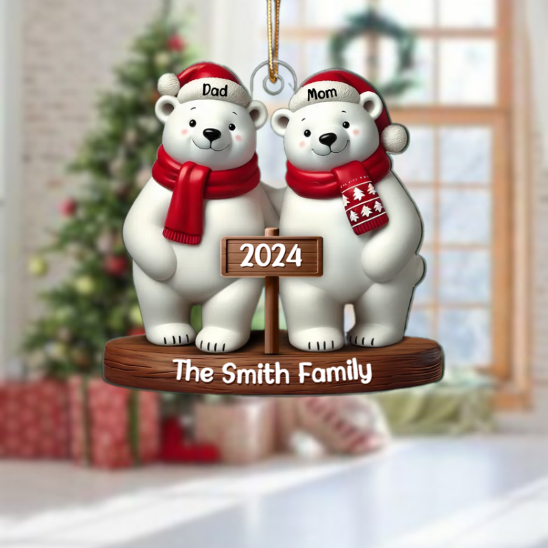 Polar Bears Christmas Family Personalized Acrylic Ornament, Custom Polar Bear Family Ornament