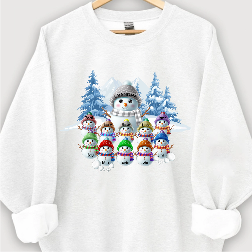 Colorful Winter Wonderland Snowman Sweatshirt for Grandma & Family, Christmas Blue Vibe Snowman Grandma Mom Colorful Kids Personalized Sweatshirt