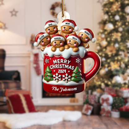 Gingerbread Family In Hot Cocoa Christmas Decor Personalized Acrylic Ornament, 2024 Personalized Gingerbread Family Ornament