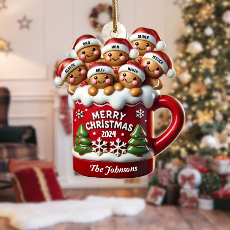 Gingerbread Family In Hot Cocoa Christmas Decor Personalized Acrylic Ornament, 2024 Personalized Gingerbread Family Ornament