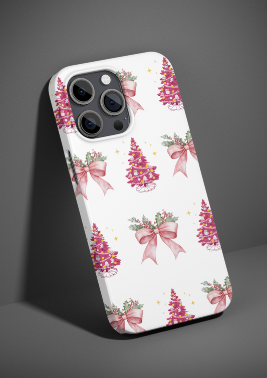 Pink Ribbon Christmas Tree Phone Case, Christmas Tree with Pink Bows Phone Case