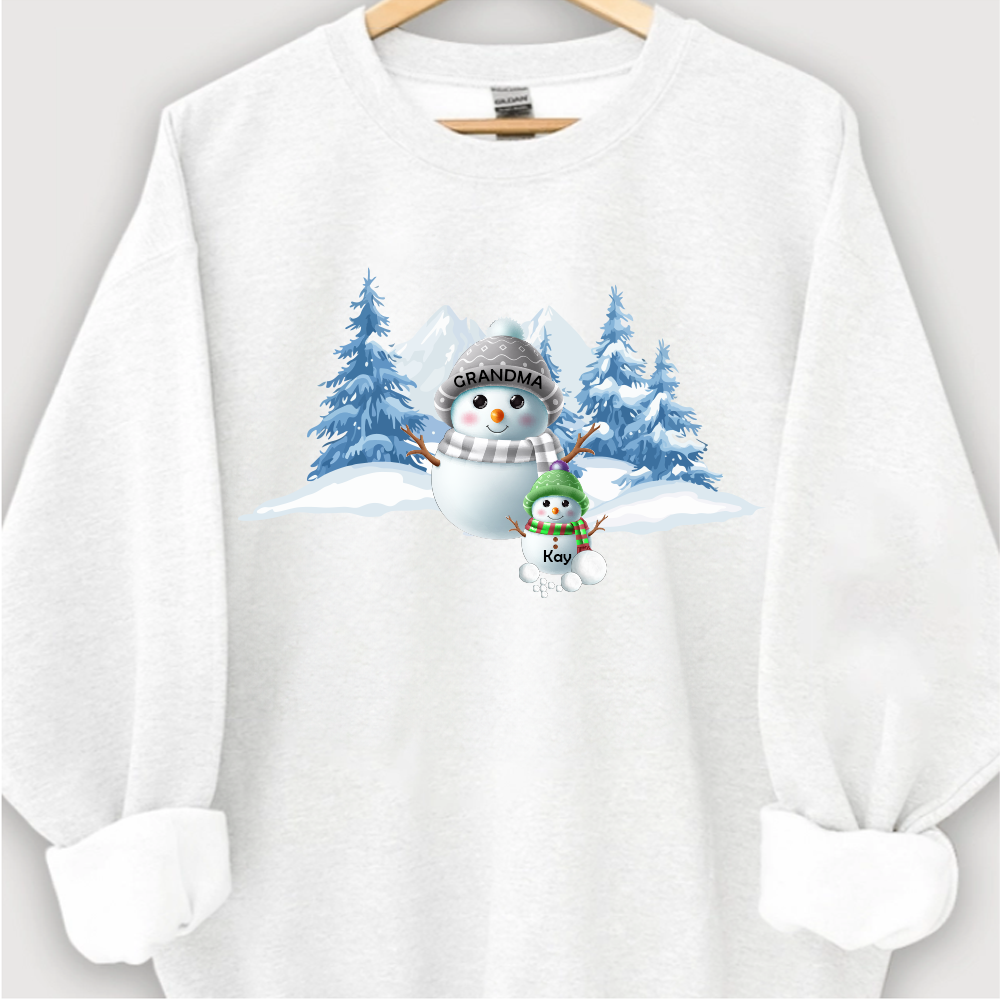 Colorful Winter Wonderland Snowman Sweatshirt for Grandma & Family, Christmas Blue Vibe Snowman Grandma Mom Colorful Kids Personalized Sweatshirt