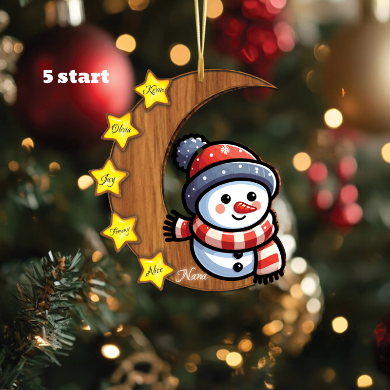 Custom Snowman Wood Ornament Gift, Personalized Snowman on the Moon Ornament