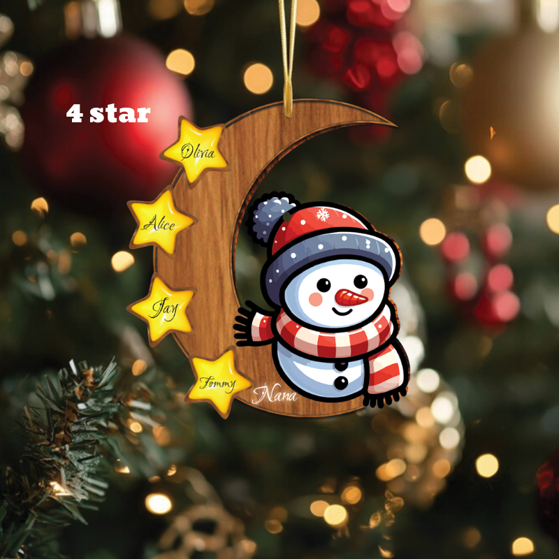 Custom Snowman Wood Ornament Gift, Personalized Snowman on the Moon Ornament