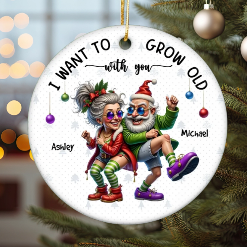 Funny Elderly Couple Christmas Party Whimsical Holiday Personalized Ceramic Ornament, Jolly Grandparents Christmas Ornament – Laughs & Love for the Holidays