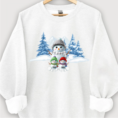 Colorful Winter Wonderland Snowman Sweatshirt for Grandma & Family, Christmas Blue Vibe Snowman Grandma Mom Colorful Kids Personalized Sweatshirt