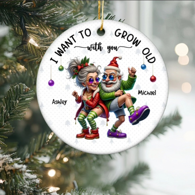 Funny Elderly Couple Christmas Party Whimsical Holiday Personalized Ceramic Ornament, Jolly Grandparents Christmas Ornament – Laughs & Love for the Holidays