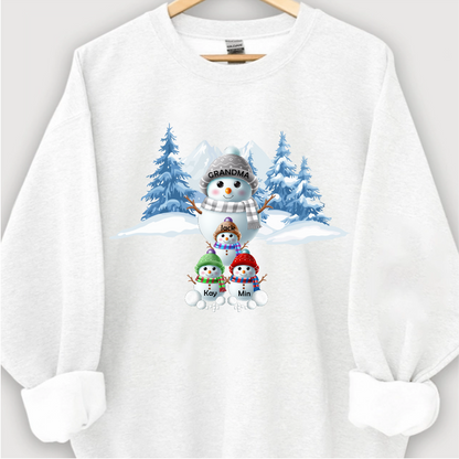 Colorful Winter Wonderland Snowman Sweatshirt for Grandma & Family, Christmas Blue Vibe Snowman Grandma Mom Colorful Kids Personalized Sweatshirt