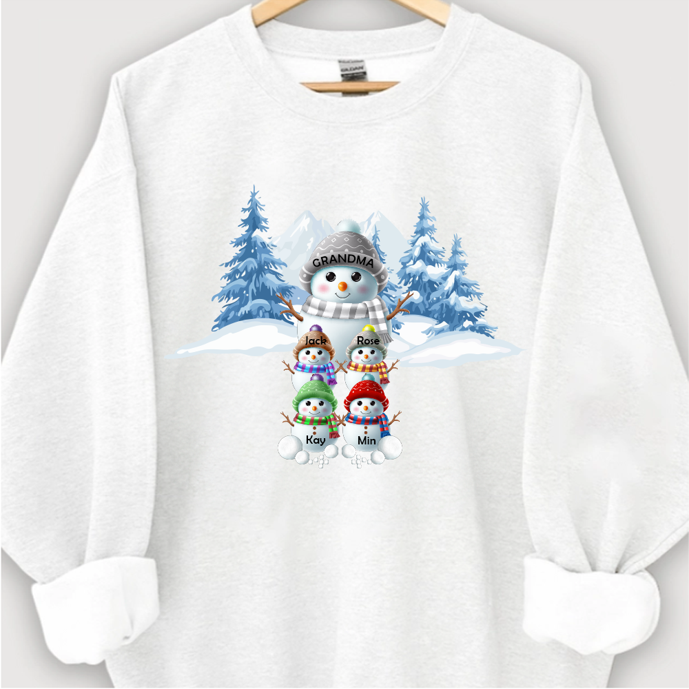 Colorful Winter Wonderland Snowman Sweatshirt for Grandma & Family, Christmas Blue Vibe Snowman Grandma Mom Colorful Kids Personalized Sweatshirt