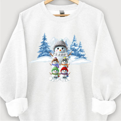 Colorful Winter Wonderland Snowman Sweatshirt for Grandma & Family, Christmas Blue Vibe Snowman Grandma Mom Colorful Kids Personalized Sweatshirt