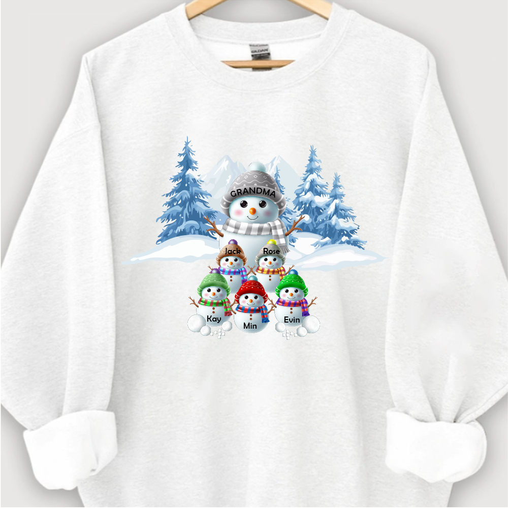 Colorful Winter Wonderland Snowman Sweatshirt for Grandma & Family, Christmas Blue Vibe Snowman Grandma Mom Colorful Kids Personalized Sweatshirt