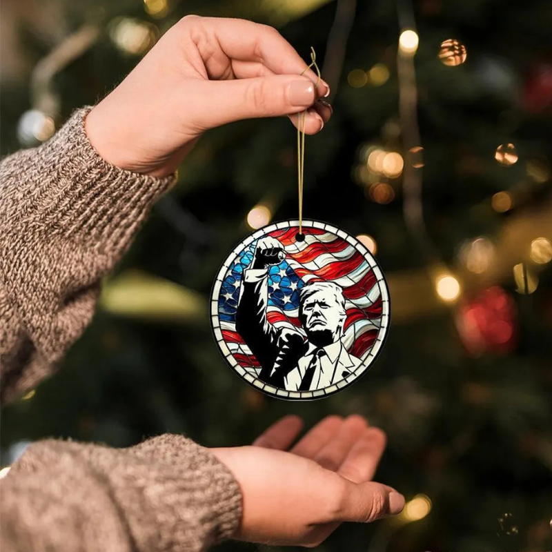 Trump with Raised Fist Stained Glass Christmas Ornament, American Pride Keepsake