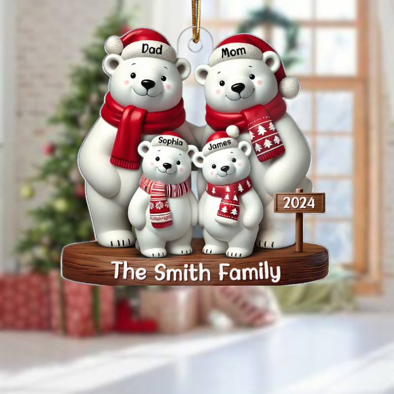 Polar Bears Christmas Family Personalized Acrylic Ornament, Custom Polar Bear Family Ornament