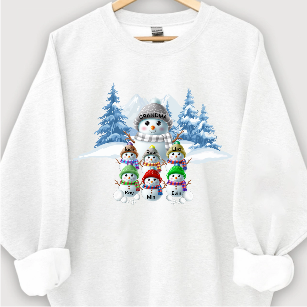 Colorful Winter Wonderland Snowman Sweatshirt for Grandma & Family, Christmas Blue Vibe Snowman Grandma Mom Colorful Kids Personalized Sweatshirt