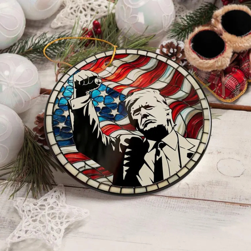 Trump with Raised Fist Stained Glass Christmas Ornament, American Pride Keepsake