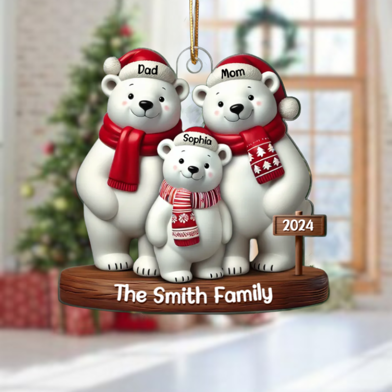 Polar Bears Christmas Family Personalized Acrylic Ornament, Custom Polar Bear Family Ornament