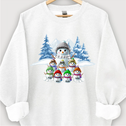 Colorful Winter Wonderland Snowman Sweatshirt for Grandma & Family, Christmas Blue Vibe Snowman Grandma Mom Colorful Kids Personalized Sweatshirt