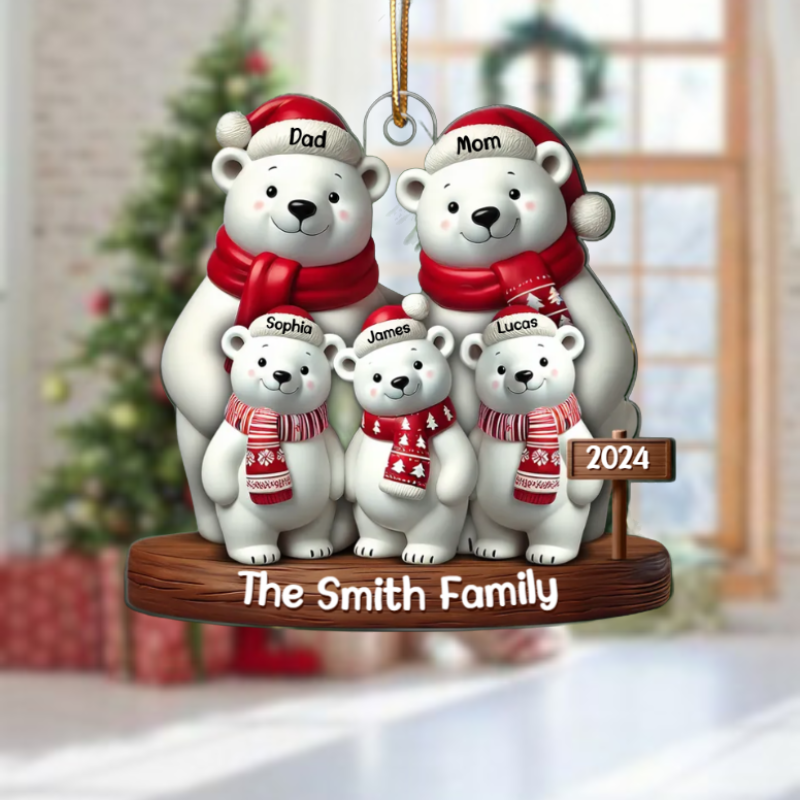 Polar Bears Christmas Family Personalized Acrylic Ornament, Custom Polar Bear Family Ornament