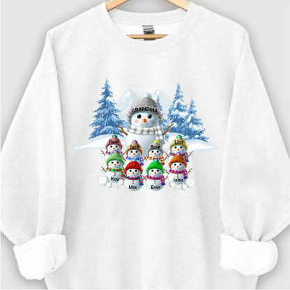 Colorful Winter Wonderland Snowman Sweatshirt for Grandma & Family, Christmas Blue Vibe Snowman Grandma Mom Colorful Kids Personalized Sweatshirt