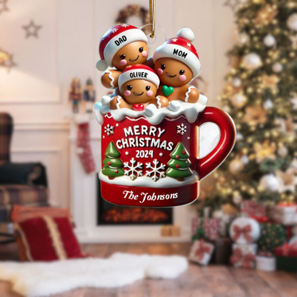 Gingerbread Family In Hot Cocoa Christmas Decor Personalized Acrylic Ornament, 2024 Personalized Gingerbread Family Ornament