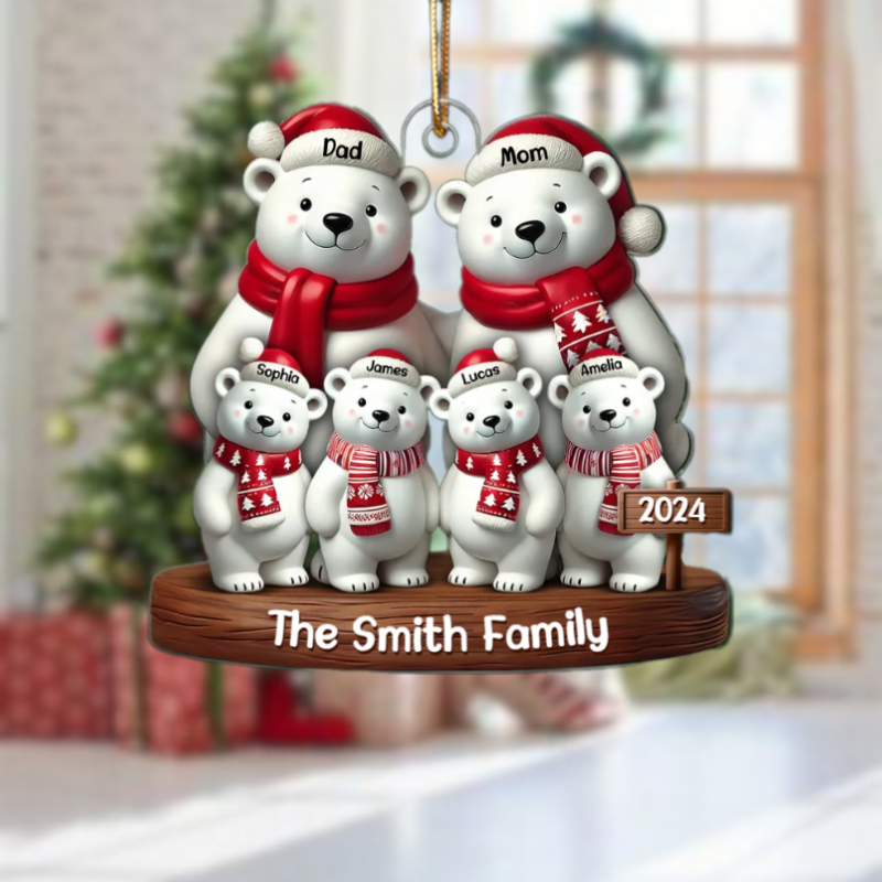 Polar Bears Christmas Family Personalized Acrylic Ornament, Custom Polar Bear Family Ornament