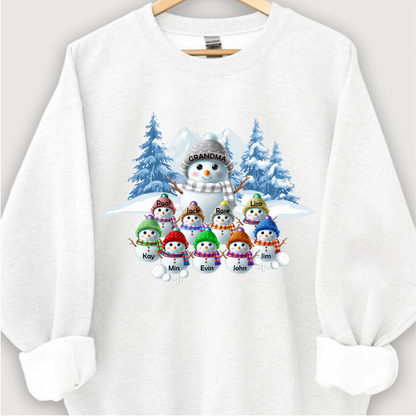 Colorful Winter Wonderland Snowman Sweatshirt for Grandma & Family, Christmas Blue Vibe Snowman Grandma Mom Colorful Kids Personalized Sweatshirt