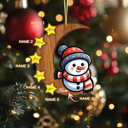 Custom Snowman Wood Ornament Gift, Personalized Snowman on the Moon Ornament