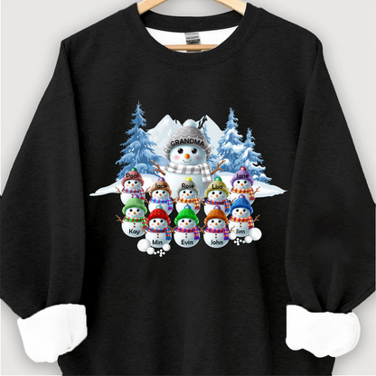 Colorful Winter Wonderland Snowman Sweatshirt for Grandma & Family, Christmas Blue Vibe Snowman Grandma Mom Colorful Kids Personalized Sweatshirt