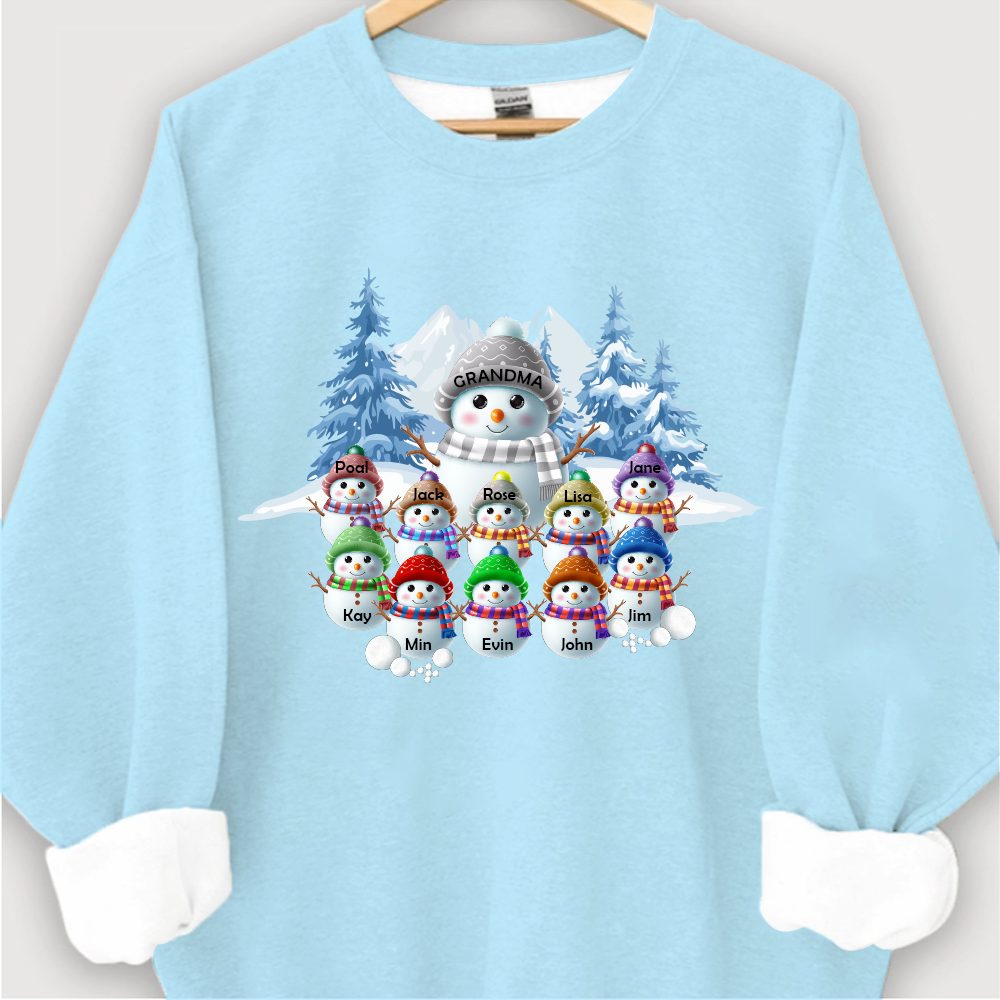 Colorful Winter Wonderland Snowman Sweatshirt for Grandma & Family, Christmas Blue Vibe Snowman Grandma Mom Colorful Kids Personalized Sweatshirt