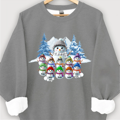 Colorful Winter Wonderland Snowman Sweatshirt for Grandma & Family, Christmas Blue Vibe Snowman Grandma Mom Colorful Kids Personalized Sweatshirt