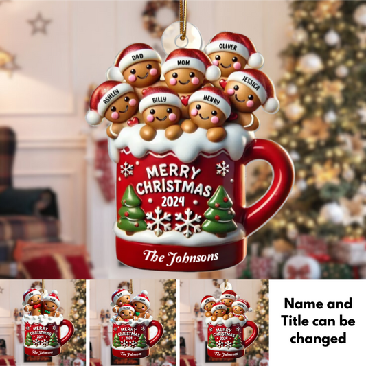 Gingerbread Family In Hot Cocoa Christmas Decor Personalized Acrylic Ornament, 2024 Personalized Gingerbread Family Ornament