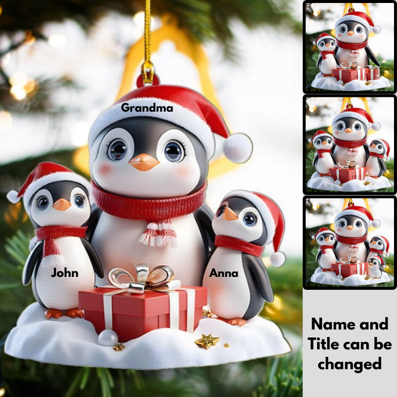 Cute Penguin Ornament – Personalized Grandma Mama Christmas Shaped Ornament, Snowy Penguin Hug – Personalized Christmas Ornament for Grandma or Mom