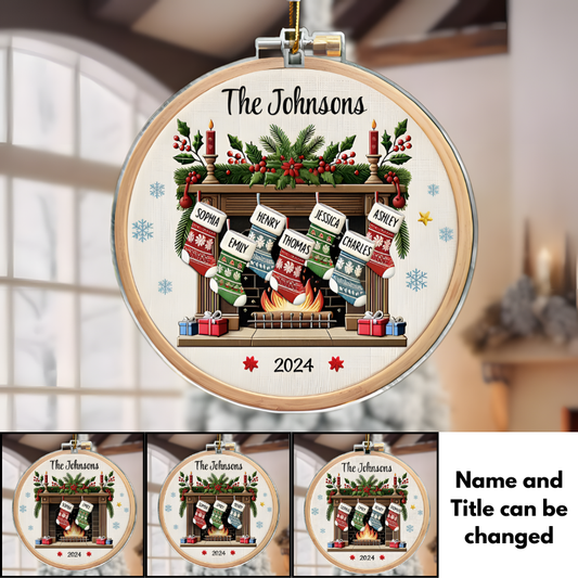 Cozy Fireplace Family Stockings Personalized Ornament 2024, Embroidered Stockings by the Hearth Personalized Acrylic Ornament