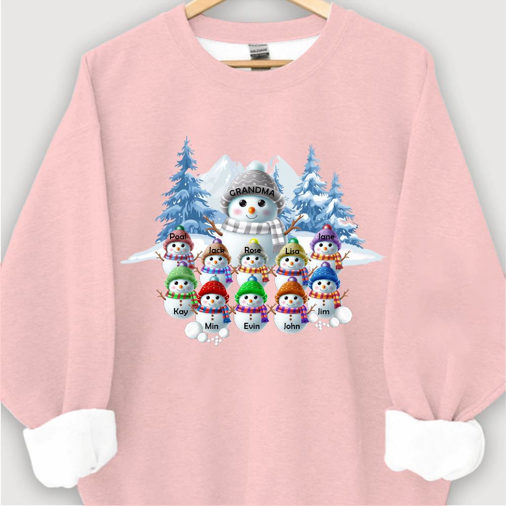 Colorful Winter Wonderland Snowman Sweatshirt for Grandma & Family, Christmas Blue Vibe Snowman Grandma Mom Colorful Kids Personalized Sweatshirt