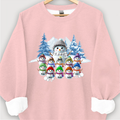 Colorful Winter Wonderland Snowman Sweatshirt for Grandma & Family, Christmas Blue Vibe Snowman Grandma Mom Colorful Kids Personalized Sweatshirt