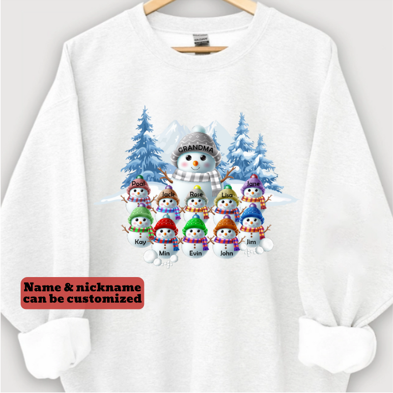 Colorful Winter Wonderland Snowman Sweatshirt for Grandma & Family, Christmas Blue Vibe Snowman Grandma Mom Colorful Kids Personalized Sweatshirt